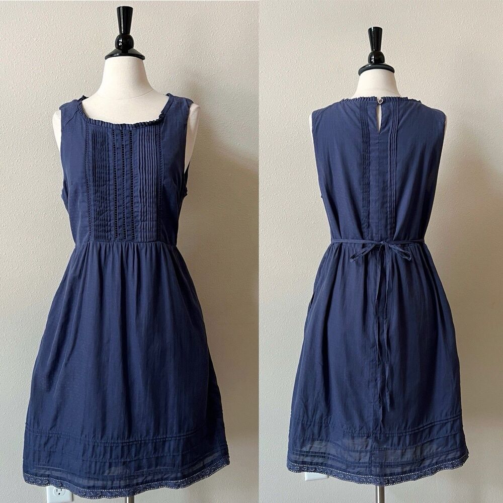 Anthropologie Moulinette Soeurs Dress 12 W/Pockets Blue Pintuck Dots Sleeveless